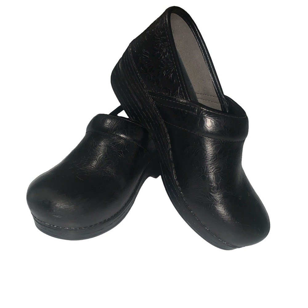 Dansko Womens Professional XP Black Floral Tooled Leather Clog Shoes Size 36
